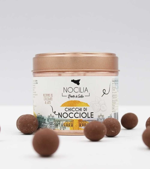 Chicchi di Nocciole ricoperti di Cioccolato al Latte | Elegante vasetto metallico 100g