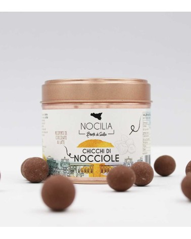 Chicchi di Nocciole ricoperti di Cioccolato al Latte | Elegante vasetto metallico 100g