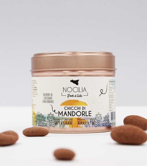 Fèves d'amandes enrobées de chocolat noir | Elégant pot en métal 100g