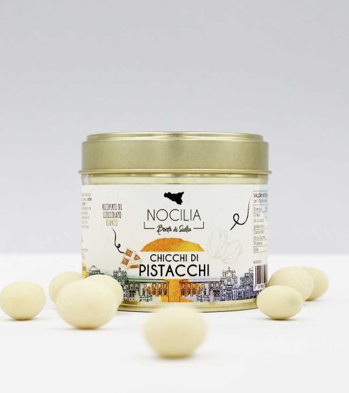 Chicchi di Pistacchio ricoperti di Cioccolato Bianco | Elegante vasetto metallico 100g