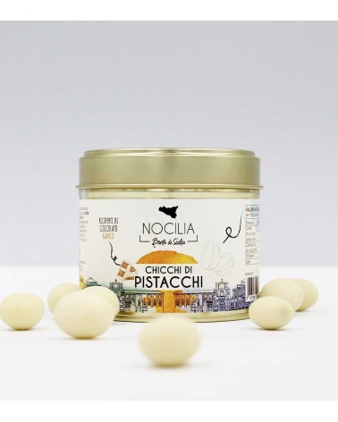 Chicchi di Pistacchio ricoperti di Cioccolato Bianco | Elegante vasetto metallico 100g