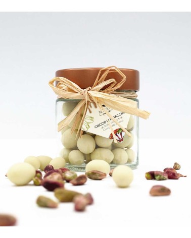 Pistachebonen omhuld met witte chocolade in een potje 120g